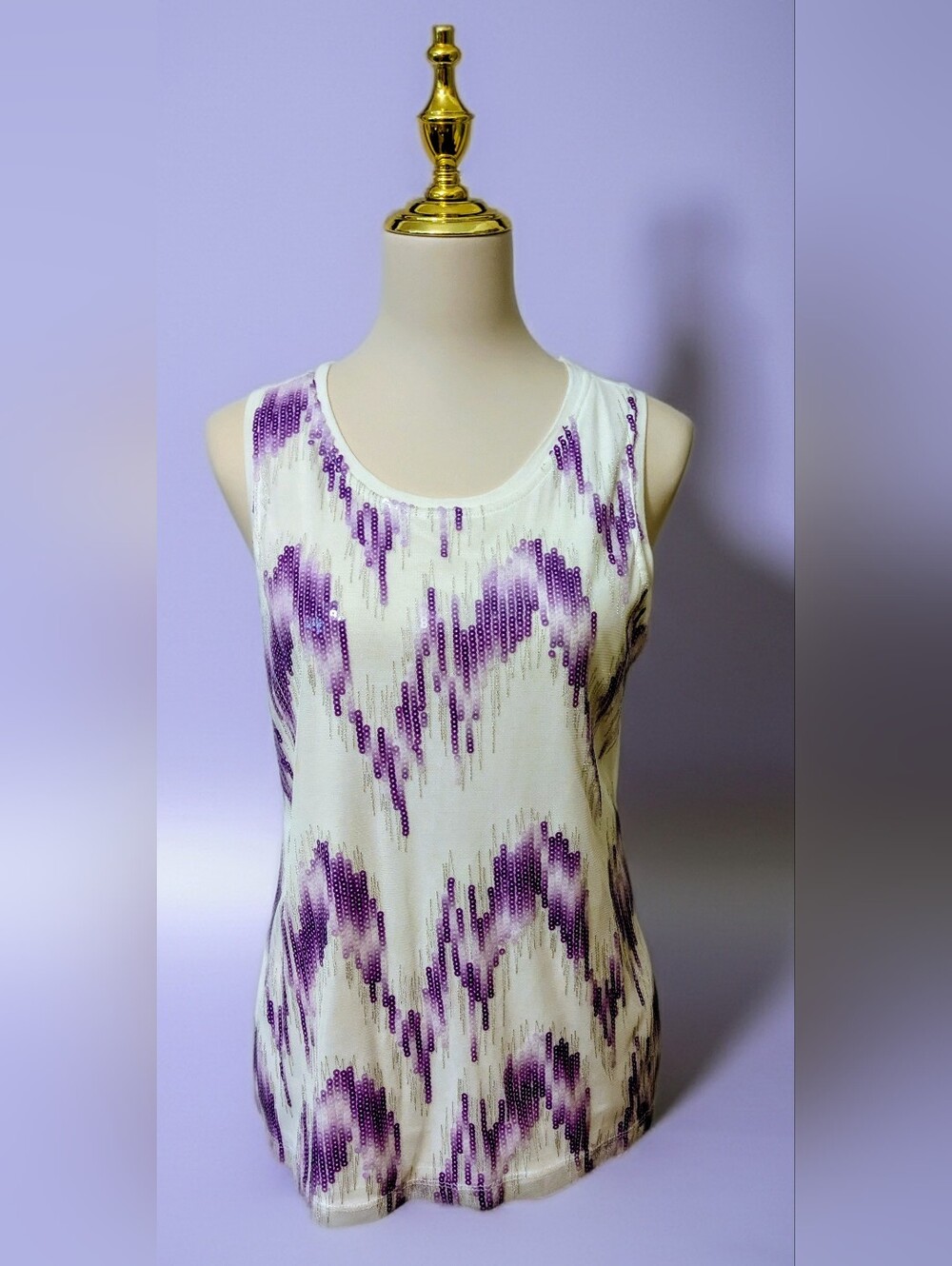 Attitudes By Renee White & Purple Sequin Patterned Sleeveless Tank Top